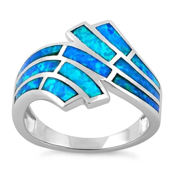 925 STERLING SILVER Lab Created Blue Fire Opal Wave Ring - Picture 16 of 16
